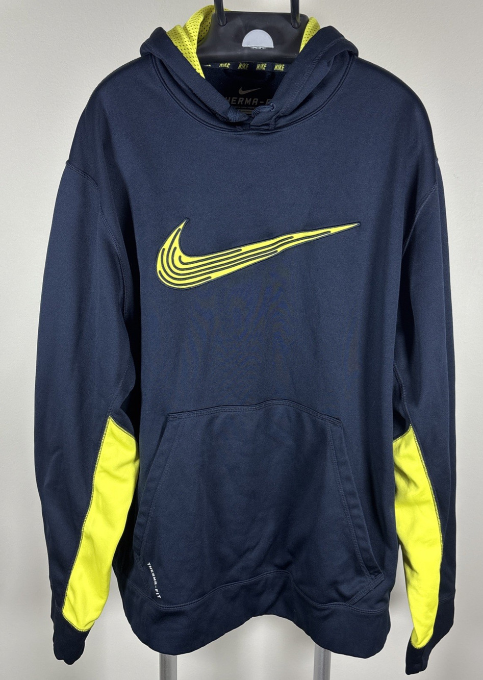 Nike Therma Fit Black & Neon Yellow Hoodie Sweatshirt Textured Swoosh Men's XL